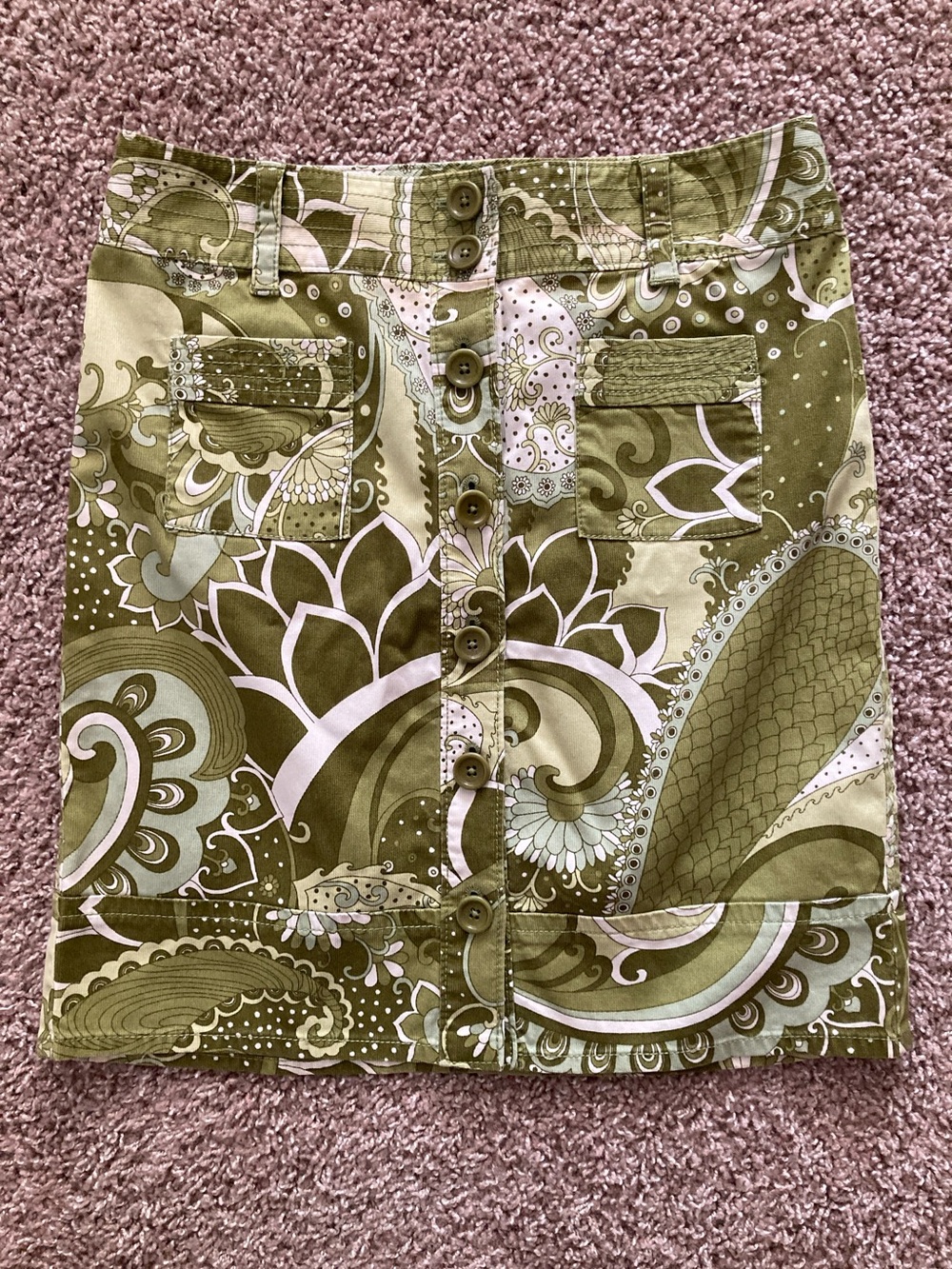 Ann Taylor Petites Olive Green Paisley Button-Front Pencil Mini Skirt, sz. 4P